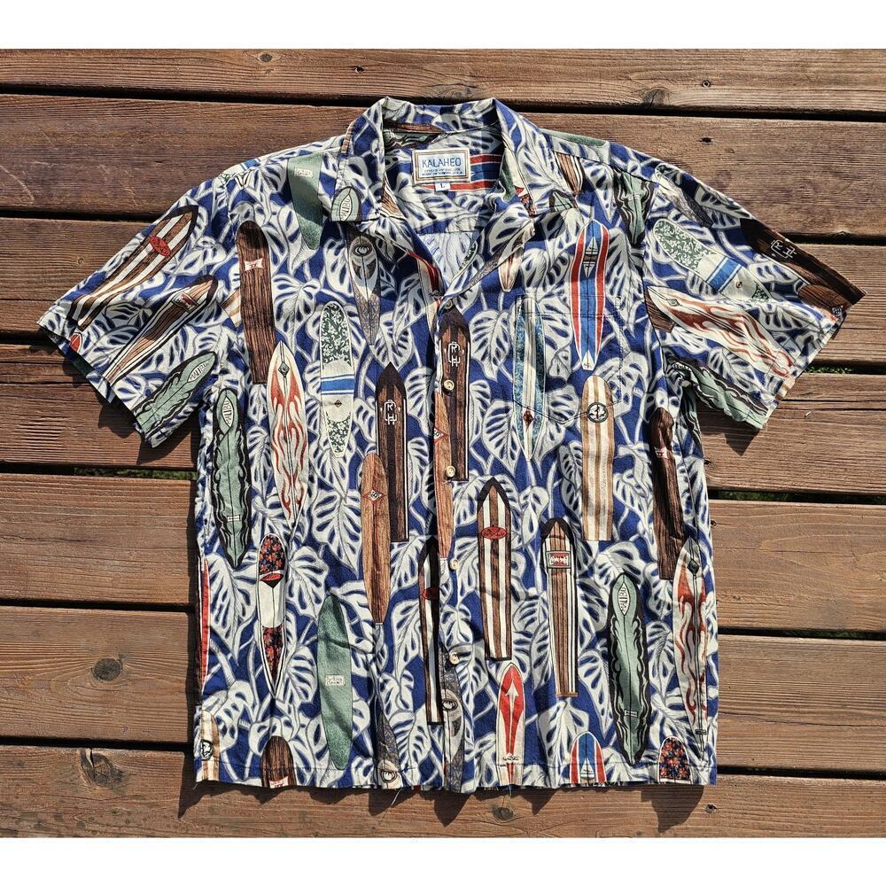 Vintage 90s Kalaheo Surf Board Print Hawaiian Shirt Mens Large USA Colorful